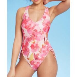 Shade & Shore Pink Floral Ruched V-Neck One Piece Swimsuit sz M (8-10)